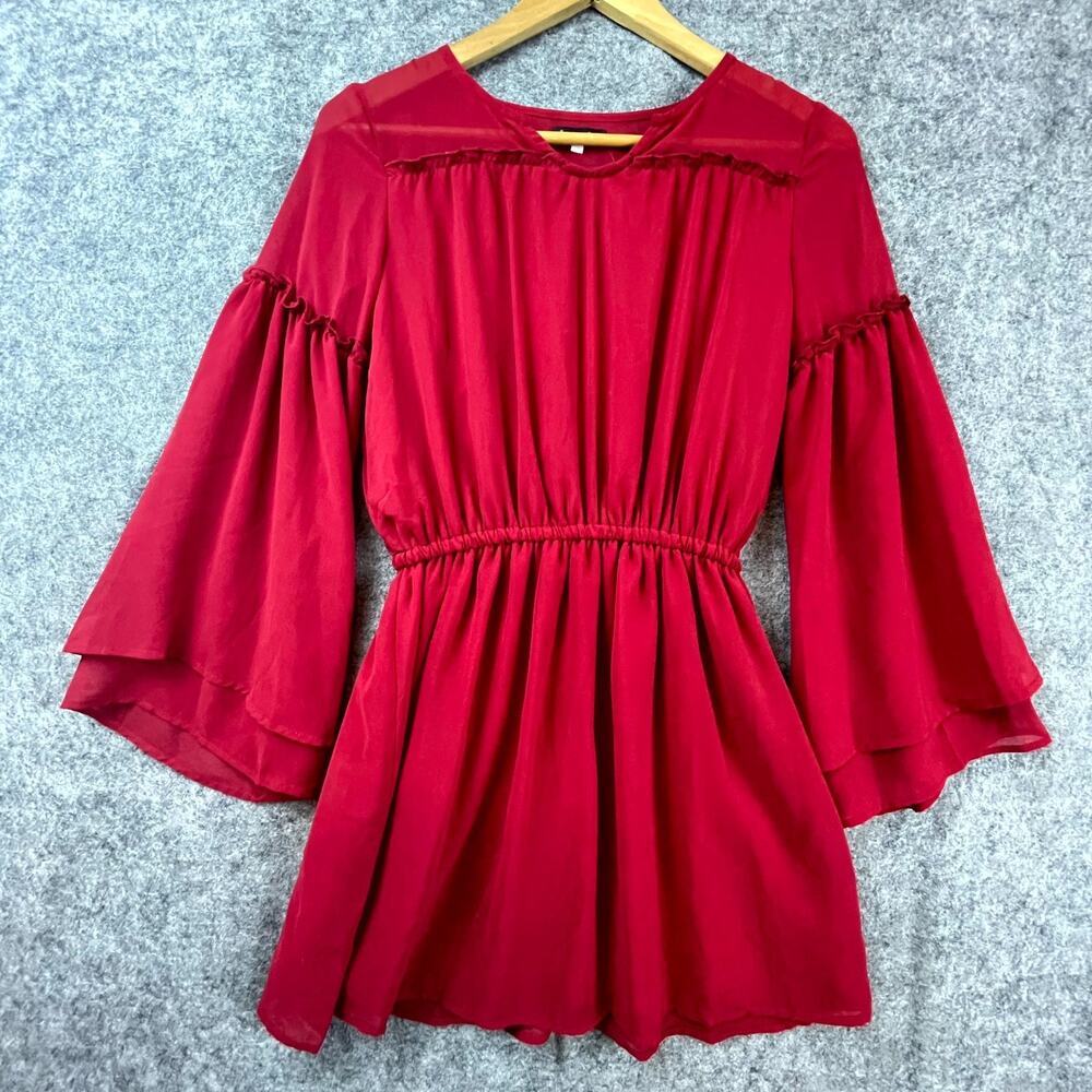 Ella Moss Dress Womens 14 Red Pleated Hippie Flowy Retro Boho Twirl Sheer